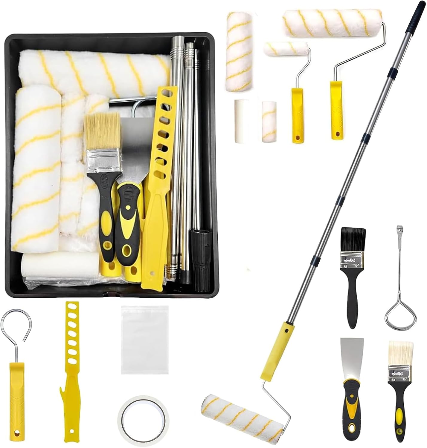 Kit de pintura con rodillo, brocha, cubeta y cinta de carrocero